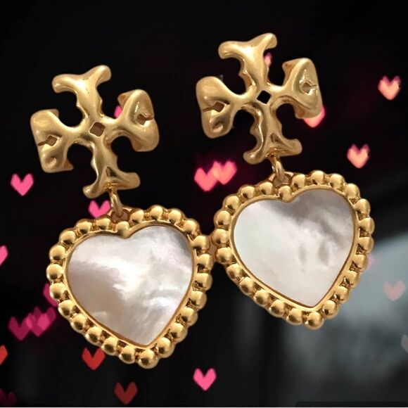 TORY BURCH ROXANNE MOTHER OF PEARL HEART DANGLE EARRINGS - Picture 2 of 4